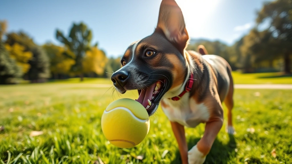 staffordshire dogs -
playing fetch in a sunny park with a tennis ball in its mouth