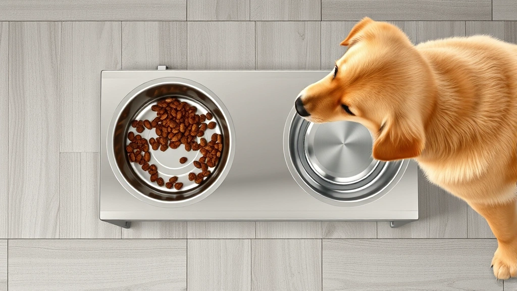 stainless steel dog bowls -
Photorealistic overhead view of an elevated double stainless steel dog bowl fee