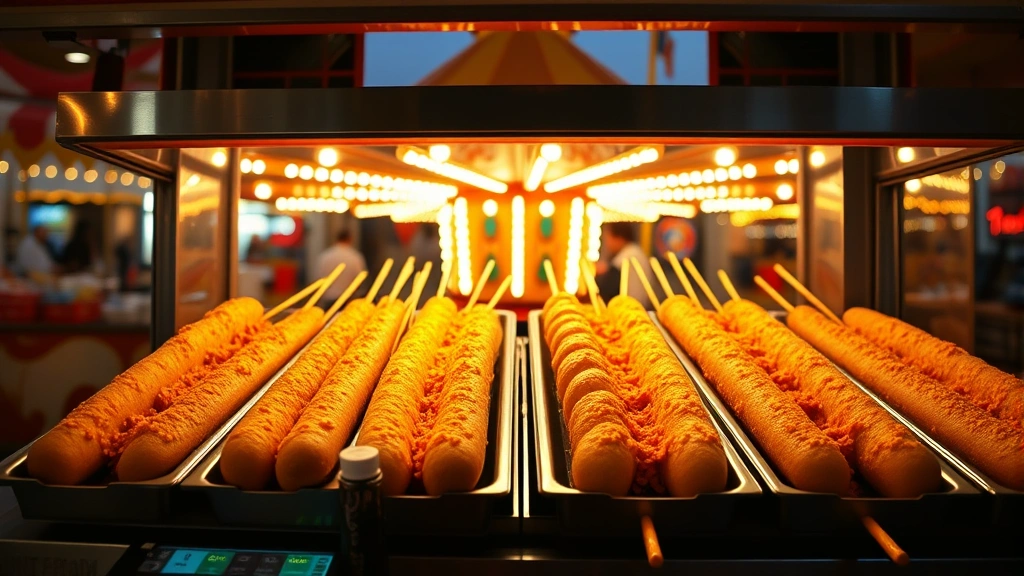 state fair corn dogs -
Photorealistic wide shot of a busy state fair corn dog stand with multiple gold