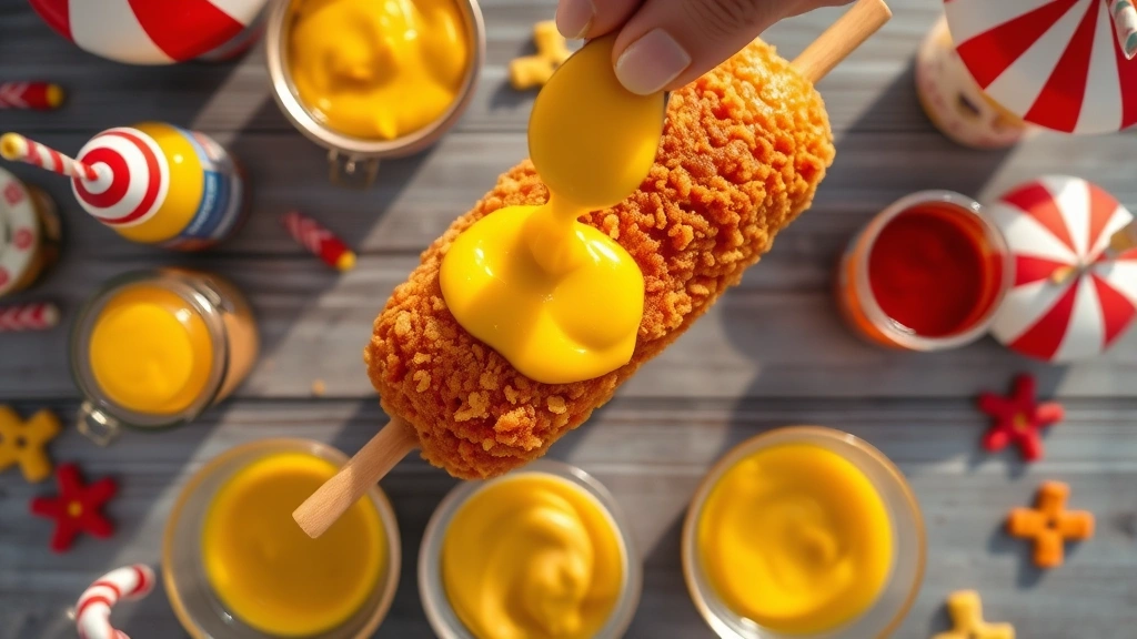 state fair corn dogs -
Photorealistic overhead shot of a freshly fried corn dog being dipped into brig