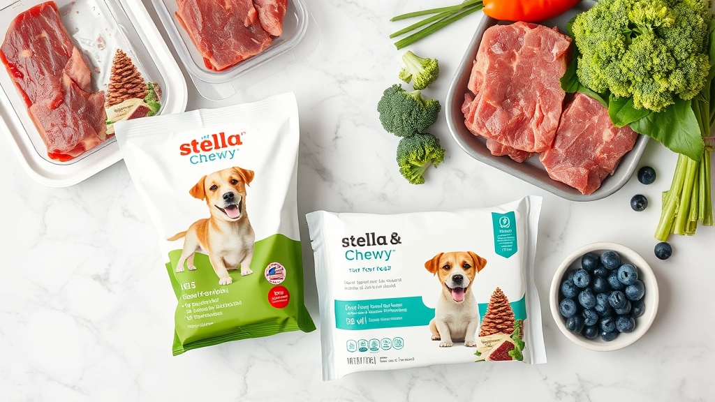 stella and chewy dog food -
Photorealistic flat-lay composition of Stella and Chewy dog food packaging, fro