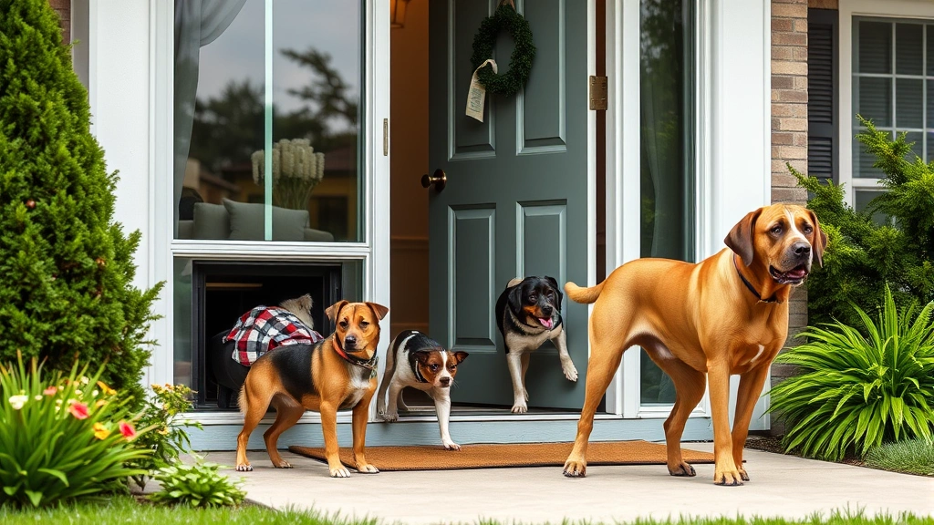 storm door with dog door -
Photorealistic family scene of various dog sizes using storm door pet entrance,
