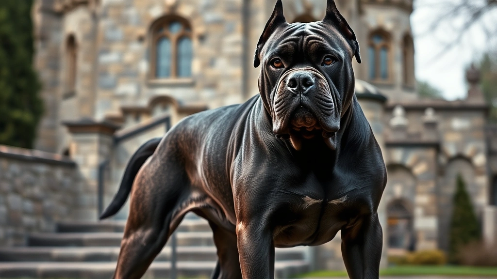 strongest dog -
Photorealistic image of a Cane Corso in a protective stance on a stone estate, 