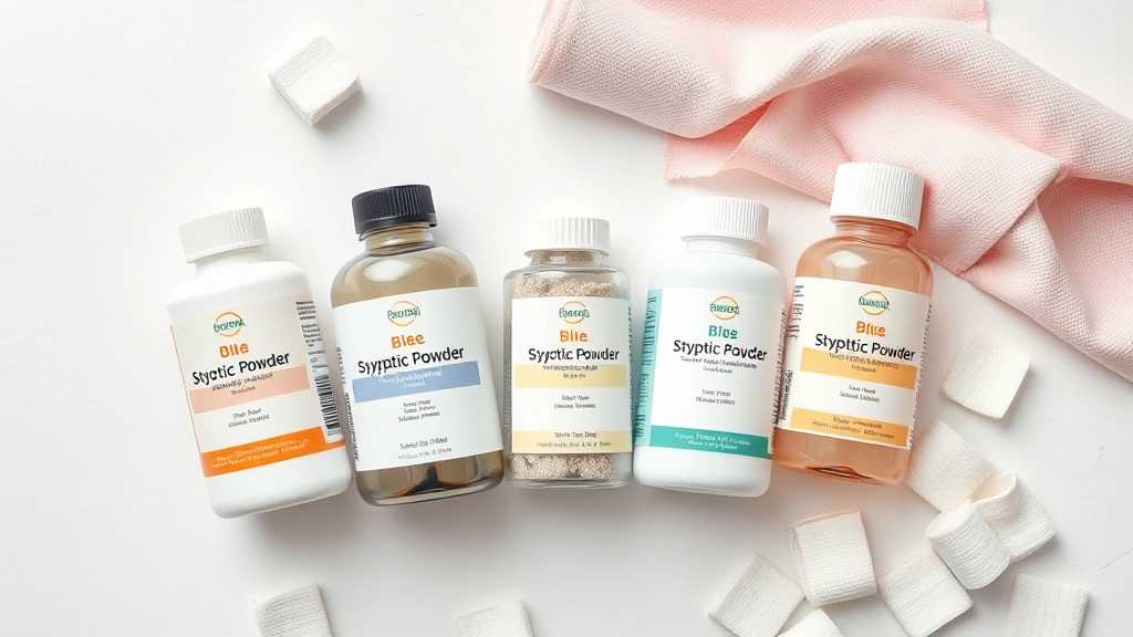 styptic powder for dogs -
Photorealistic flat lay of five different styptic powder bottles and containers