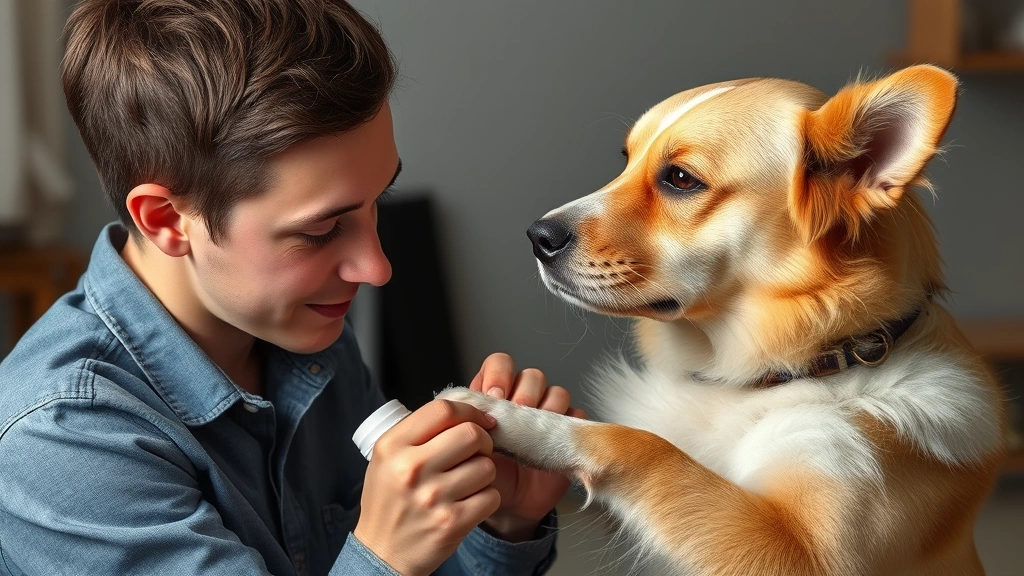 styptic powder for dogs -
Photorealistic image of a dog owner carefully applying styptic powder to their 