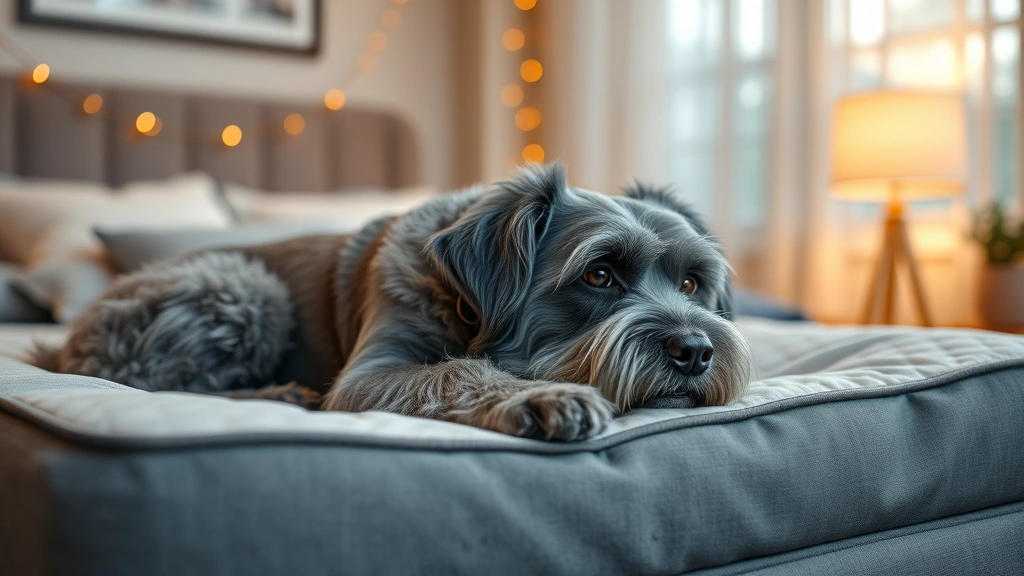 sundowners in dogs -
Photorealistic image of a senior gray-muzzled dog resting on a cozy orthopedic 