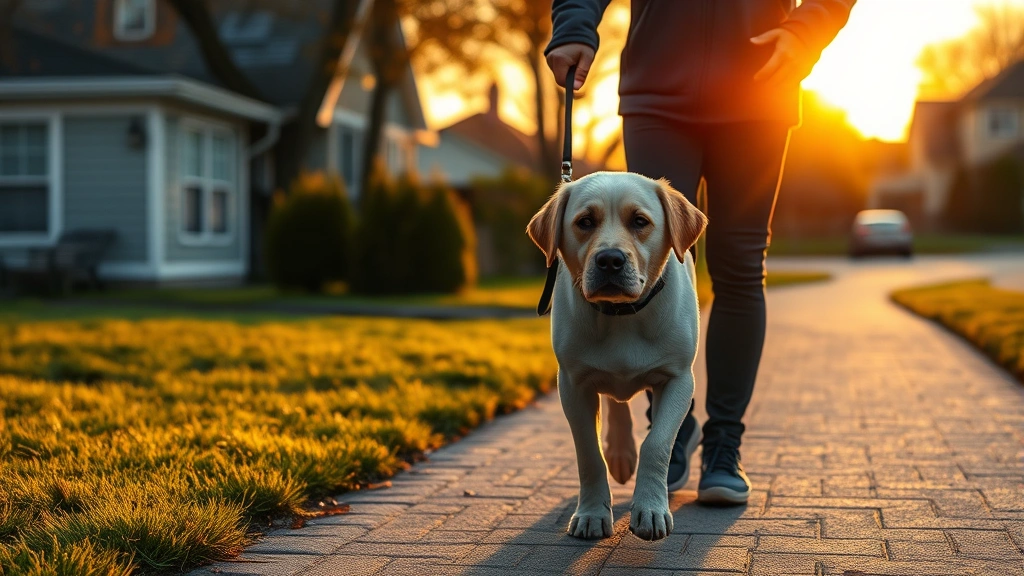 sundowners in dogs -
Photorealistic image of an older dog taking a gentle walk with an owner during 