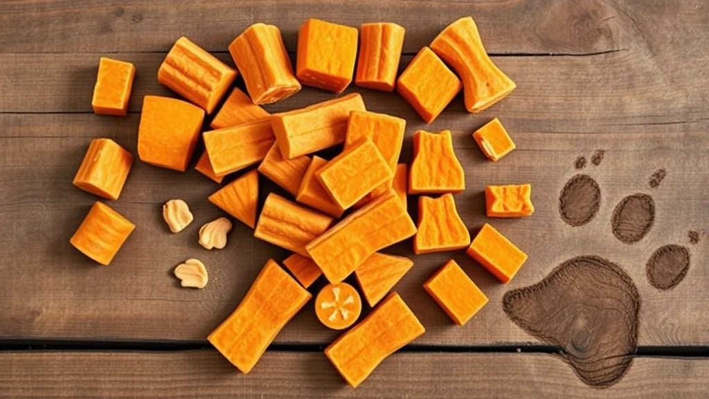 sweet potato dog treats -
Photorealistic overhead shot of various sweet potato dog treats including freez