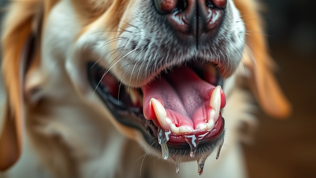 symptoms of bloat in dogs -
Photorealistic close-up of a dog’s mouth showing excessive drooling and w