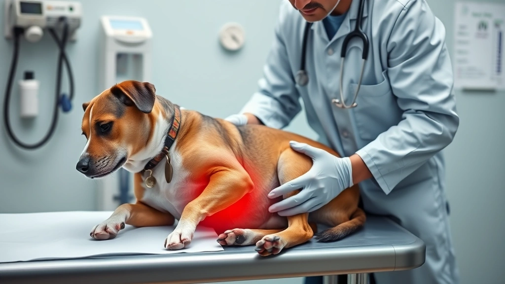 symptoms of bloat in dogs -
Photorealistic image of a veterinarian examining a dog’s abdomen during a