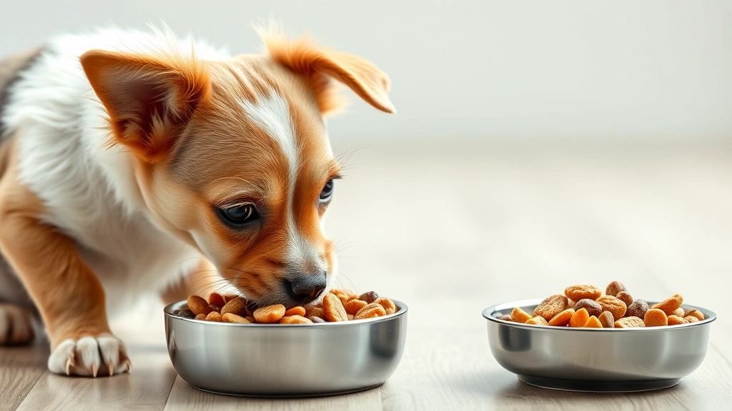 symptoms of pancreatitis in dogs -
Photorealistic image of a small dog eating from a bowl of healthy dog food, dem