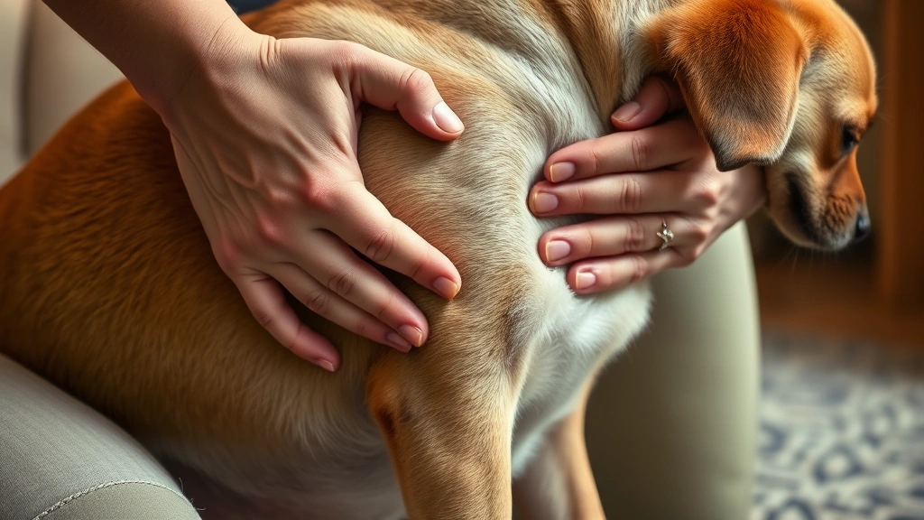 symptoms of parvo in dogs -
Photorealistic close-up of a concerned dog owner’s hands gently touching 