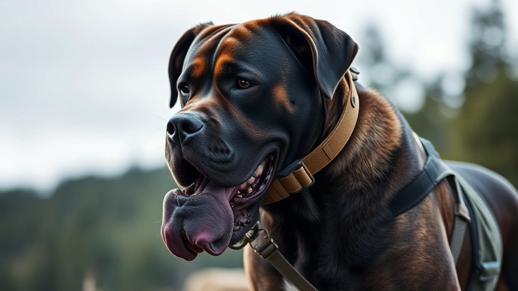tactical dog collar -
Photorealistic image of a large muscular dog wearing a tan tactical collar duri