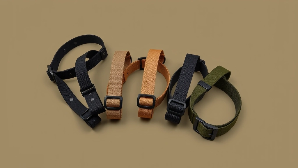 tactical dog collar -
Photorealistic flat-lay composition of five different tactical dog collars in v