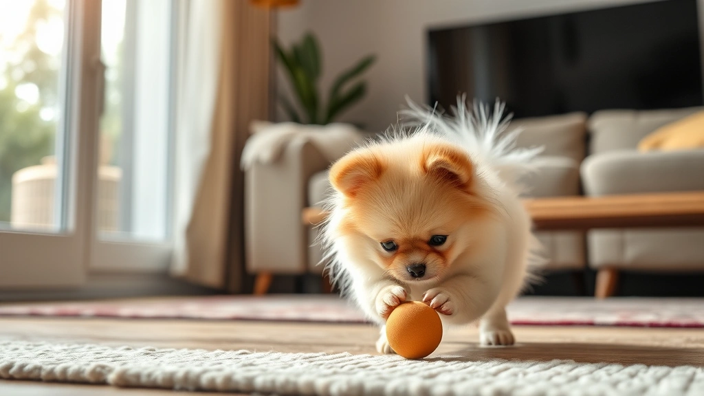 tea cup dog -
Photorealistic photo of a teacup Pomeranian playing with a small toy on a livin