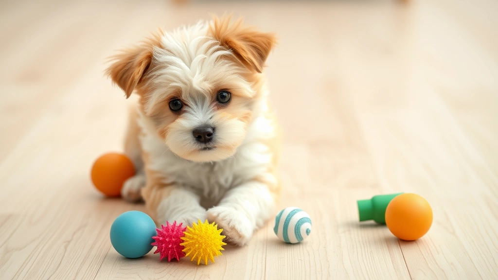 teddy bear dog breed -
Photorealistic photo of a small Bichon Frise puppy playing with colorful toys o