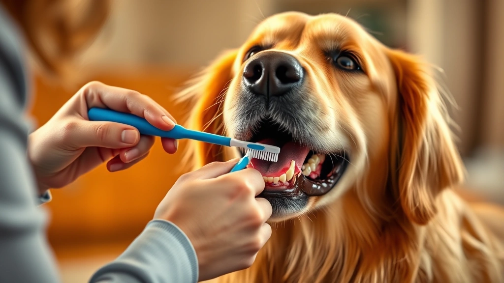 teeth in a dog -
Photorealistic image of a person gently brushing a golden retriever’s tee