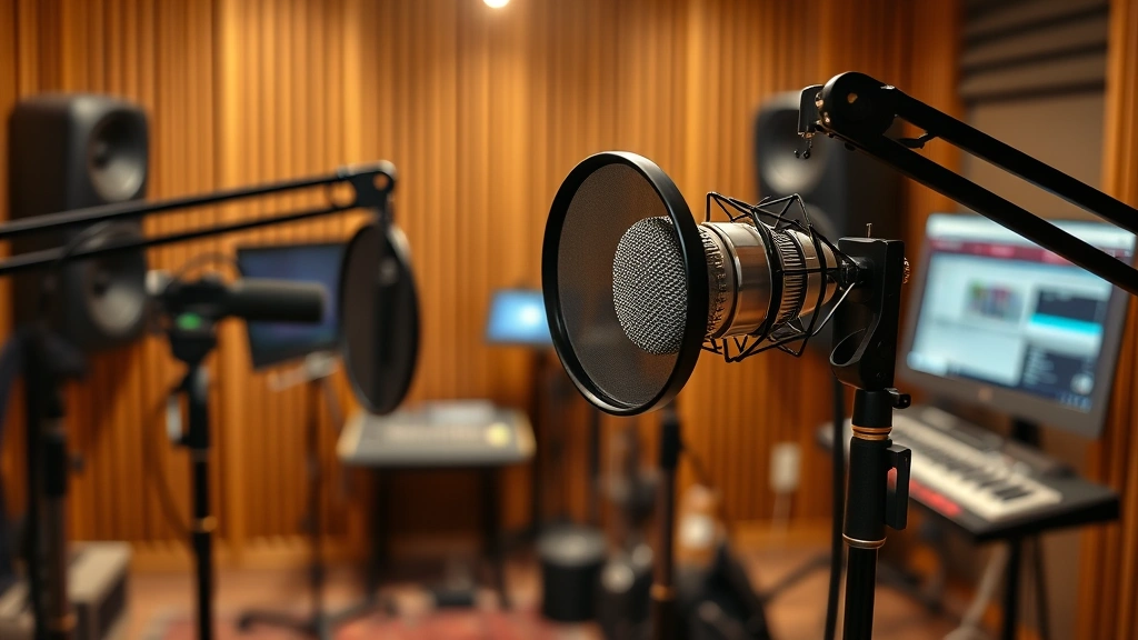 temple of the dog members -
Photorealistic photograph of a recording studio setup with professional microph