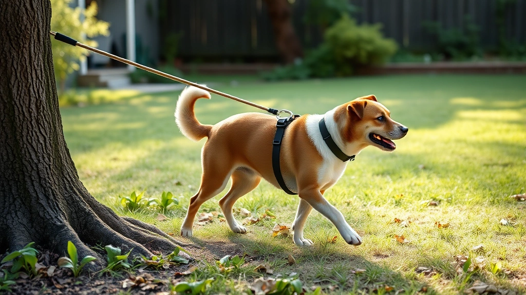 temporary fence for dogs -
Photorealistic image of a medium-sized dog outdoors on a retractable tie-out li
