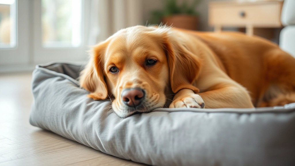 the barking dog -
calm golden retriever lying peacefully on a dog bed indoors
