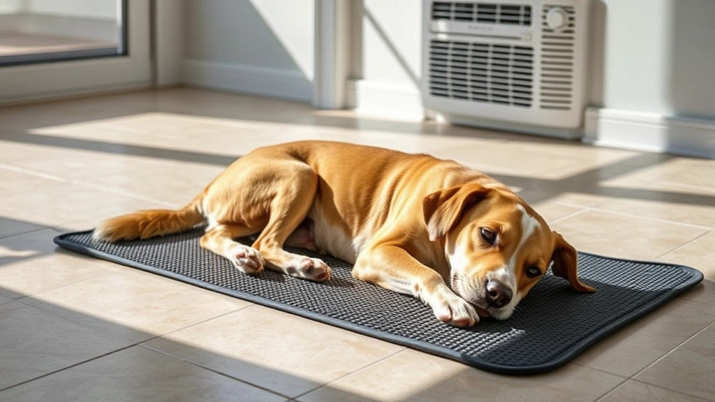 the dog days are over -
Dog resting on a cooling gel mat in a shaded room with tile flooring, air condi