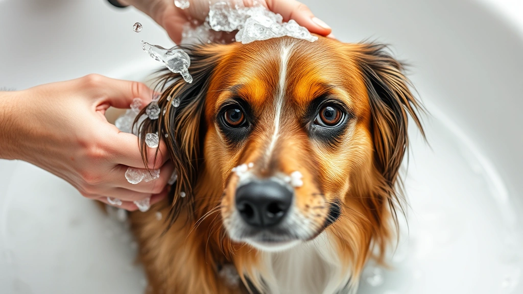 the dog hair -
Dog being bathed with warm water and quality shampoo

