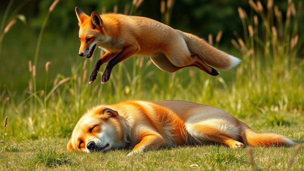 the fox jumped over the lazy dog -
Photorealistic image of a fox gracefully leaping over a sleeping Golden Retriev