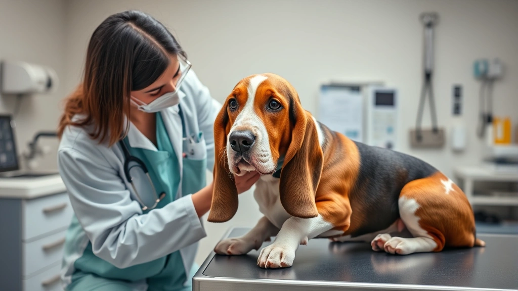 the fox jumped over the lazy dog -
Photorealistic image of a veterinarian examining a calm Basset Hound on an exam