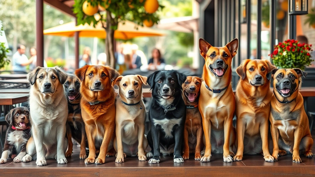 the salty dog cafe south carolina -
Photorealistic diverse group of dogs of different breeds sitting peacefully on
