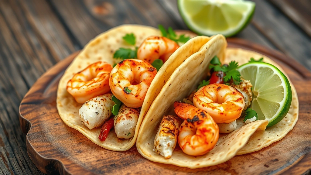 the salty dog cafe south carolina -
Photorealistic close-up of fresh grilled shrimp and fish tacos on rustic wooden