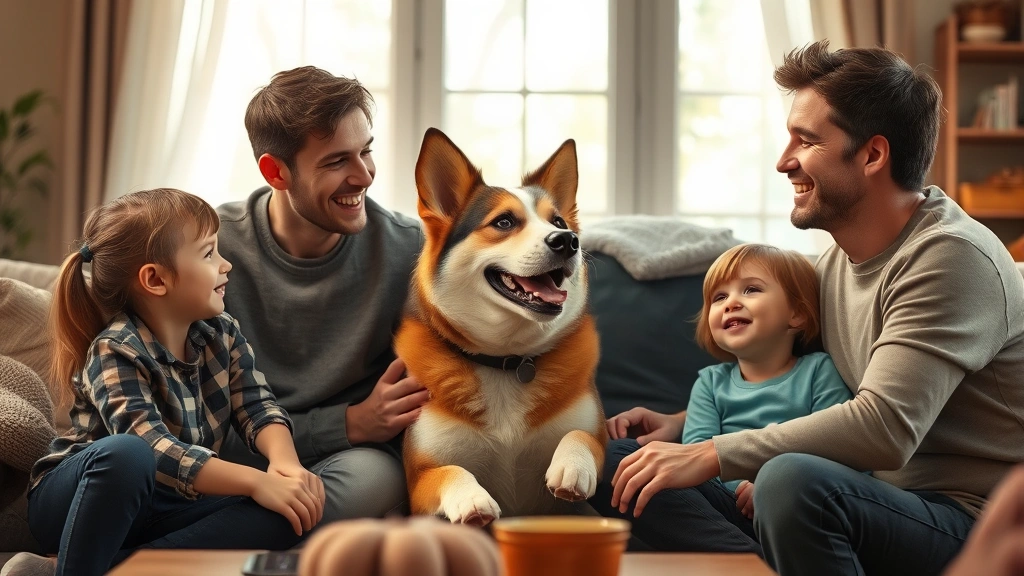 the shaggy dog 2006 -
A family gathered together laughing around a dog-human hybrid character, warm l