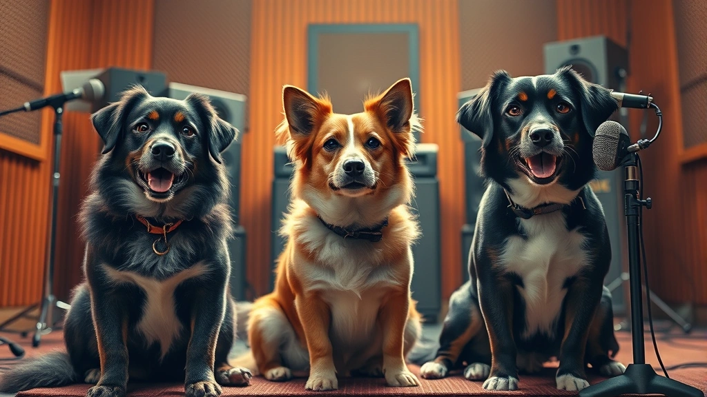 three dog night members -
Photorealistic style: A group of three dogs of different breeds sitting togethe