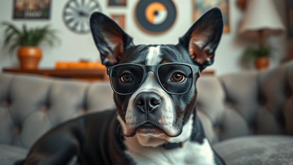 three dog night members -
Photorealistic style: A black and white dog with striking eyes wearing sunglass