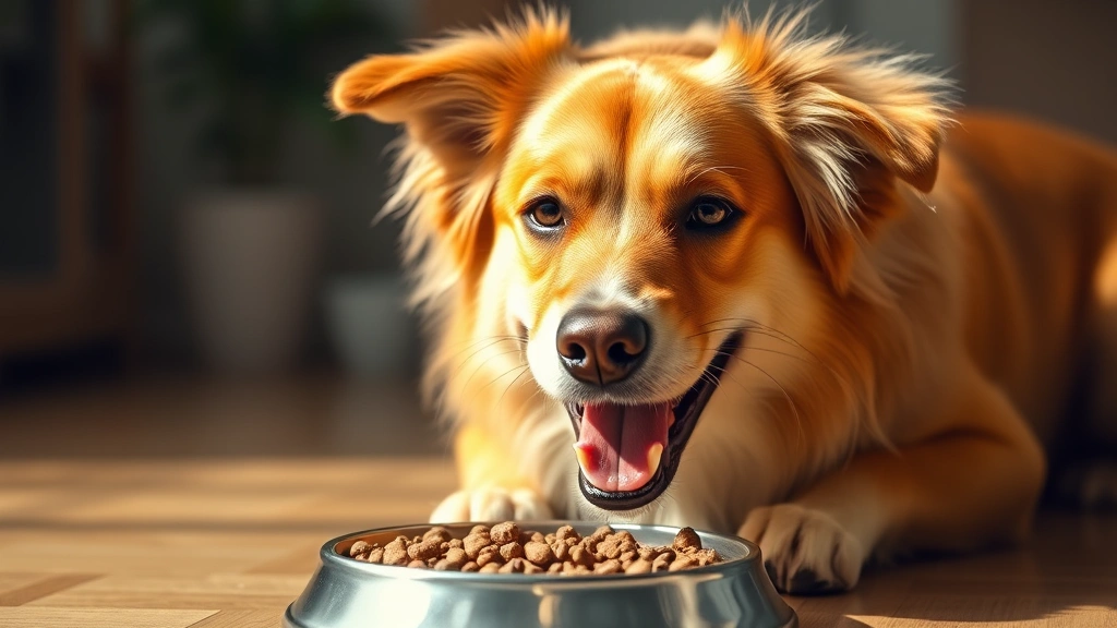 tlc dog food -
Photorealistic image of a happy, healthy dog with shiny coat eating from a bowl