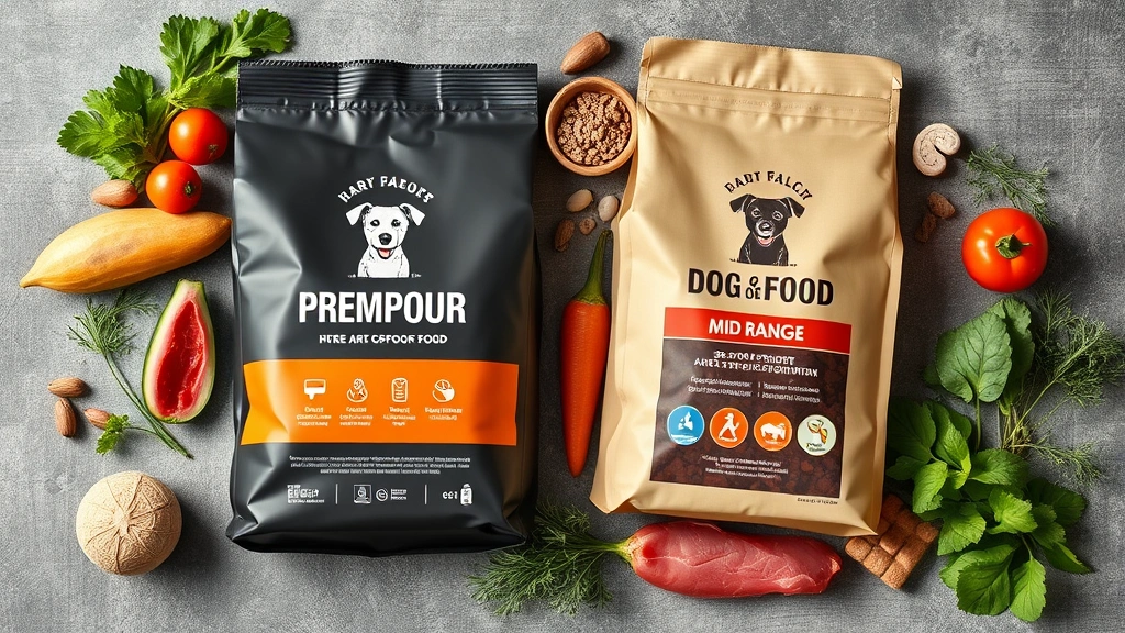 tlc dog food -
Photorealistic flat lay of premium dog food bag next to mid-range dog food bag 