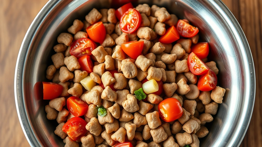 tomato dog food -
Photorealistic close-up of premium dog food kibble mixed with diced ripe red to