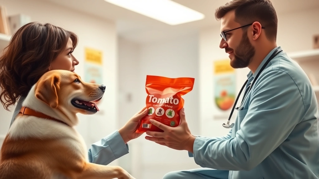 tomato dog food -
Photorealistic image of a veterinarian consulting with a dog owner in a bright 