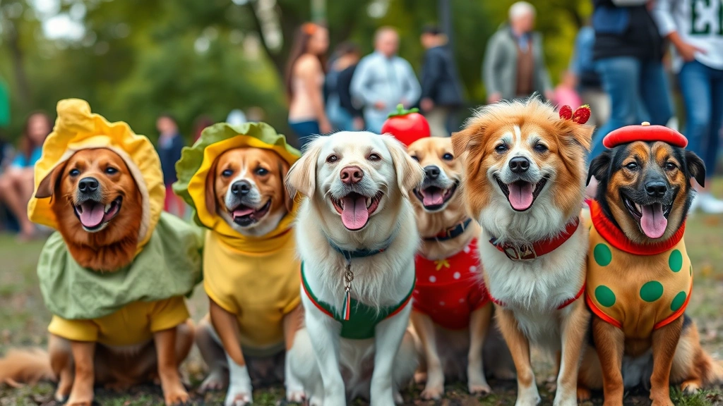 tompkins square halloween dog parade -
and food-themed costumes on various dog breeds at an outdoor park gathering