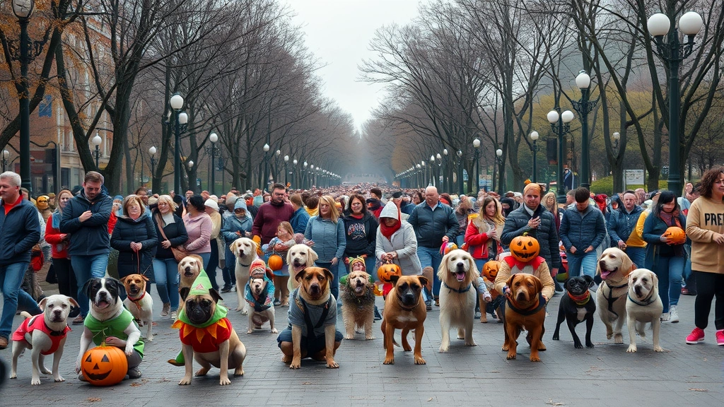 tompkins square halloween dog parade -
Photorealistic image of a crowded urban park filled with costumed dogs and thei