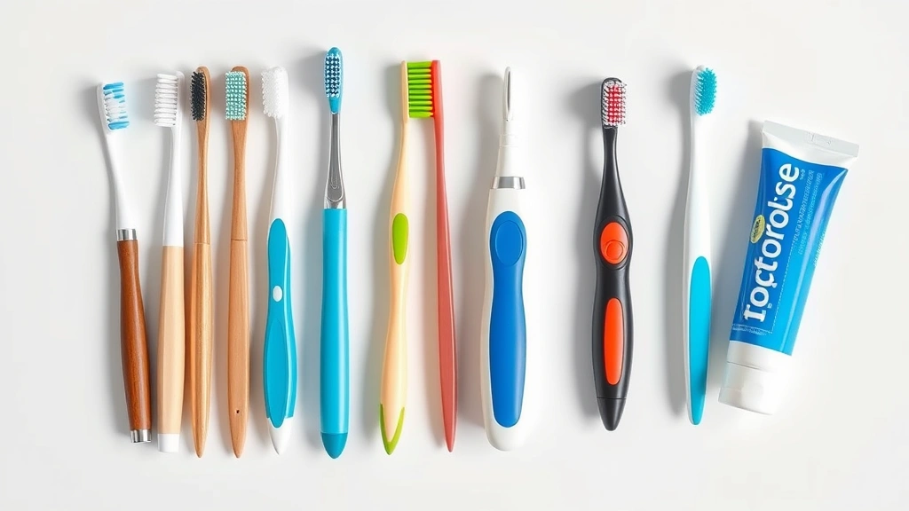 toothbrush for a dog -
photorealistic overhead view of various dog toothbrushes including finger brush