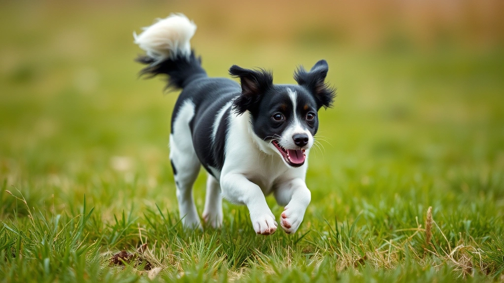 top 100 unique male dog names -
A playful black and white dog running through a grassy field with joy, tail in 