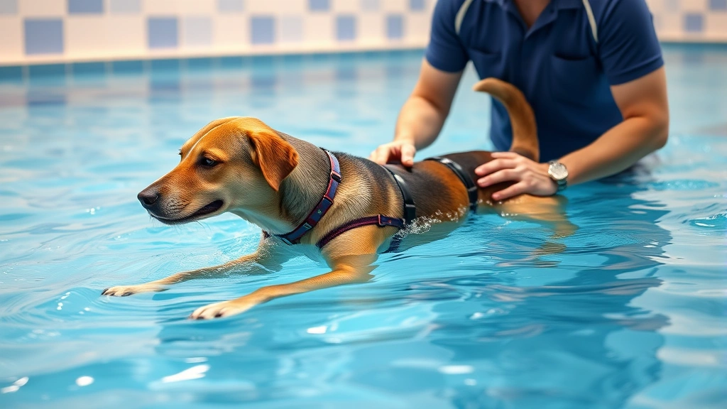 tplo surgery for dogs -
Photorealistic image of a dog doing physical therapy in a swimming pool with a