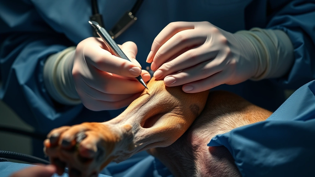 tplo surgery for dogs -
Photorealistic close-up image of a veterinary surgeon’s hands performing