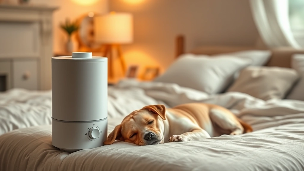 tracheal collapse dog -
Photorealistic image of a humidifier running in a cozy dog bedroom with a small