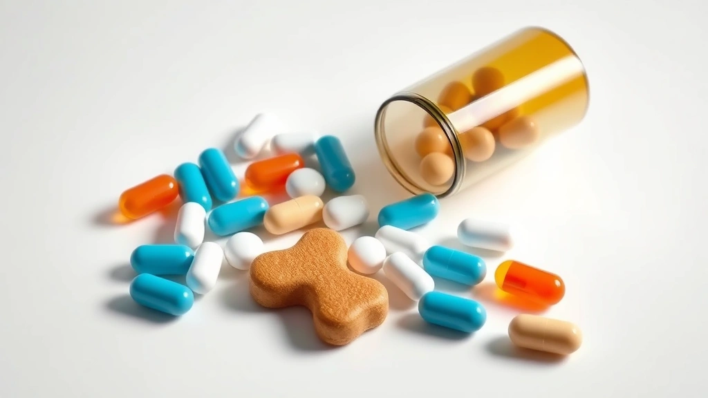 trazodone for dogs dosage chart -
Photorealistic image of medication pills and capsules arranged on a clean surfa