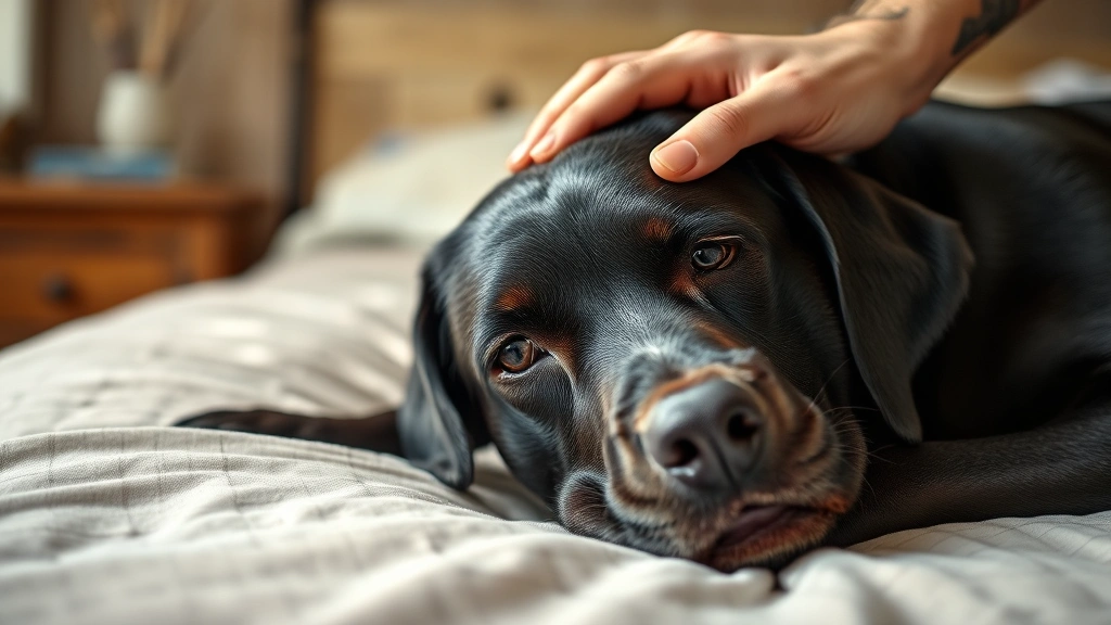 tumor signs in dogs -
Photorealistic image of an older black labrador retriever lying on a bed lookin