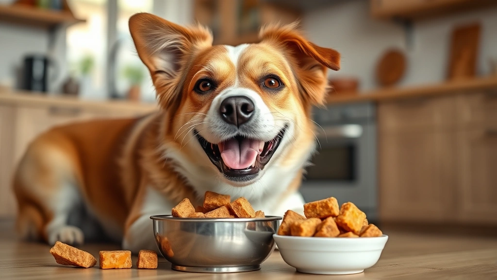 turkey hot dogs -
Photorealistic image of a happy medium-sized dog eating from a bowl containing 