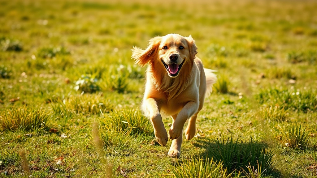 turmeric for dogs -
Senior golden retriever running playfully in a grassy field, photorealistic sty