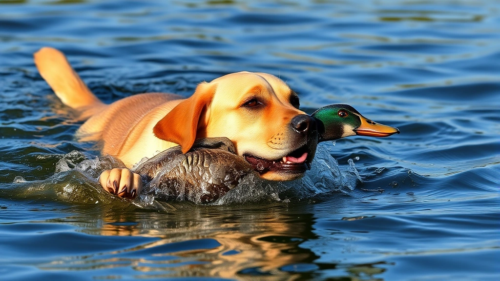types of hunting dogs -
Photorealistic image of a Labrador Retriever swimming in water retrieving a duc