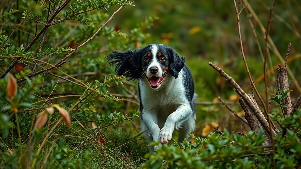 types of hunting dogs -
Photorealistic image of an English Springer Spaniel flushing through dense brus